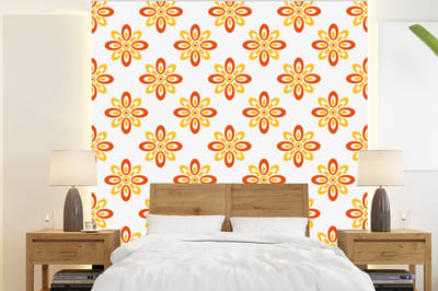 Behang - Fotobehang Patroon - Jaren 70 - Bloemen - Oranje - Breedte 220 cm x hoogte 240 cm