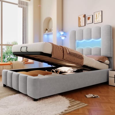 DESMIU Gestoffeerd Bed 90x200 cm – Ledverlichting en Verstelbaar Hoofdbord – Hydraulische Opbergruimte – Voor Slaapkamer – Fluweel – Zonder Matras – Grijs