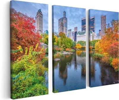 Artaza Canvas Schilderij Drieluik Kleurrijke Central Park Tijdens De Herfst - 120x80 - Foto Op Canvas - Canvas Print