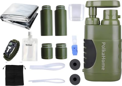 PolkaHome Waterfilter Survival Filtert 15000L, Waterfilters Outdoor, Waterzuivering Outdoor, Survival Kit, water filter noodpakket (inclusief 2 reserve vervangingsfilters, 500ml waterzakje, overlevingsdeken, 5-in-1 overlevingsarmband) Filtert 15000L