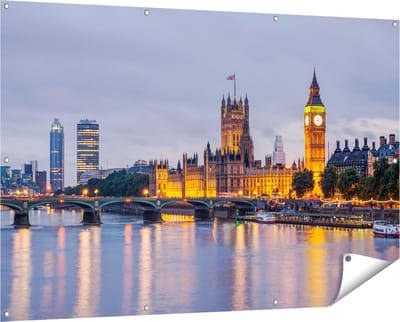 Gards Tuinposter London Big Ben en Westminster Brug - 150x100 cm - Tuindoek - Tuindecoratie - Wanddecoratie buiten - Tuinschilderij