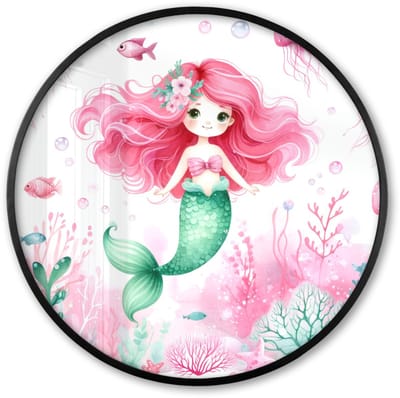 Poster in lijst Rond - Fotolijst 60x60 cm - Posters - Zeemeermin - Roze - Zeedieren - Onderwater - Ronde posterlijst zwart - Decoratie - Wanddecoratie woonkamer - Muurdecoratie slaapkamer