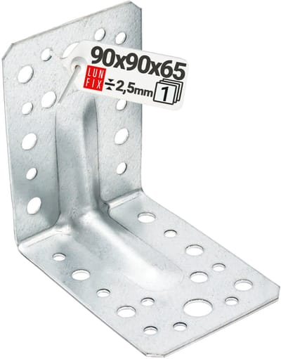 LUN FIX - Hoekverbinder met rib - 90x90x65x2,5 mm - Gegalvaniseerd staal - constructiehoek