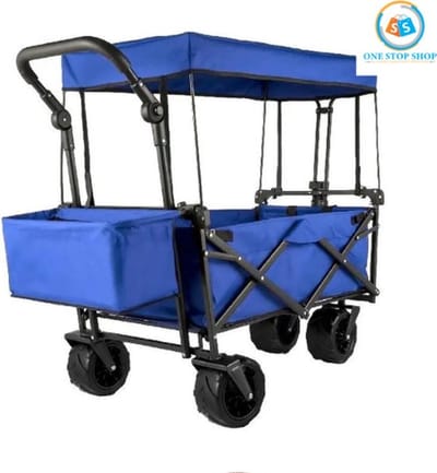 Luxe Bolderkar – Opvouwbaar – Bolderwagen – Afneembare Luifel – Kinderenvervoer – Camping Vouwwagenkar – Anti Slip Wiel Massieve Banden – Duwstang – Blauw