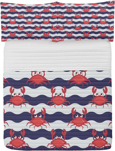 ABAKUHAUS Crabs Microfiber Bedspreiset, Crabs on Striped, zacht beddengoed met kussenslopen en quilt, 220 cm x 220 cm, rood en marineblauw