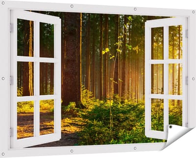 Gards Tuinposter Doorkijk Bos met Zon tussen de Bomen - 150x100 cm - Tuindoek - Tuindecoratie - Wanddecoratie buiten - Tuinschilderij