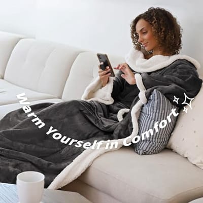 Stijlvolle warme deken met mouwen en voetenzak, 185 x 140 cm, micropluche fleece sherpa, ideaal voor volwassenen
