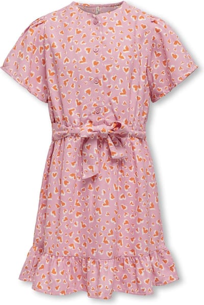 ONLY KOGPALMA S/S DRESS PTM Meisjes Jurk - Begonia PinkAOP:Cloud Dancer/Carrot Curl - Maat 140