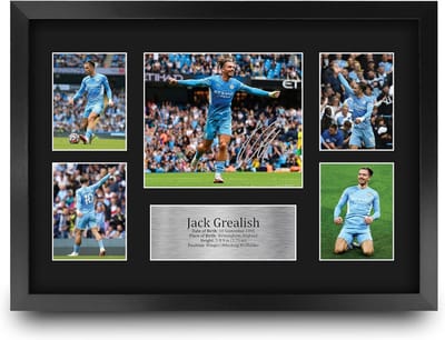 Ingekleurde Gesigneerde Voetbalfoto Display Manchester City Speler A3 - Wanddecoratie