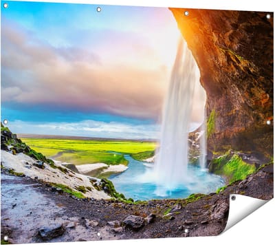 Gards Tuinposter Waterval van een Klif bij Zonsondergang - 120x90 cm - Tuindoek - Tuindecoratie - Wanddecoratie buiten - Tuinschilderij