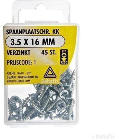 Spaanplaatschroef. Platkop. kruiskop-PZD-2. 3,5 x 16 mm. lang. verzinkt. 45 stuks Houtschroeven. Deltafix.