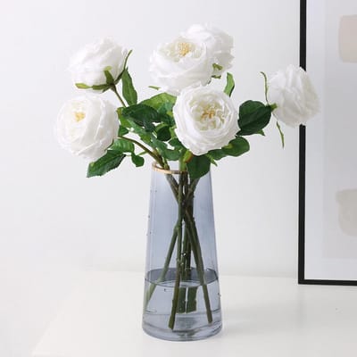 SnelShoppen - Witte Kunstrozen 4 Stuks Echte Touch Latex Kunstbloemen Austin Rozen Pioen met Lange Steel voor Bruiloft Boeket Woondecoratie Bloemstuk