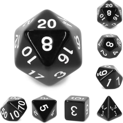 Polyset Dice | Dobbelstenen - Set Van 7 Stuks - Zwart Wit Ondoorzichtig| Voor D&D en Andere Rollenspellen | Plastic Dobbelstenen Set voor Dungeons and Dragons | Polyhedral Dice Set | Met Mooie Zwarte Velvet Dice Bag voor Ongeveer 3 Sets