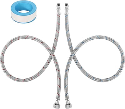 Set van 2 flexibele aansluitslangen G3/8 x M10, gevlochten roestvrij staal, 80 cm met afdichtband voor mengkranen, ideaal voor sanitair en installatie.