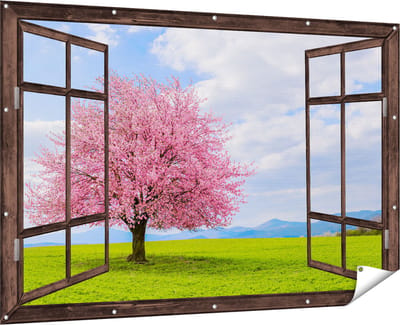 Gards Tuinposter Doorkijk Roze Sakura Bloesem Boom in het Groene Veld - 180x120 cm - Tuindoek - Tuindecoratie - Wanddecoratie buiten - Tuinschilderij