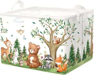 Kinder Opbergmand - Was Oplossing - Speelgoed Opbergen - Opvouwbaar Stevig Frame - 36 Liter Capaciteit - Bos Dieren
