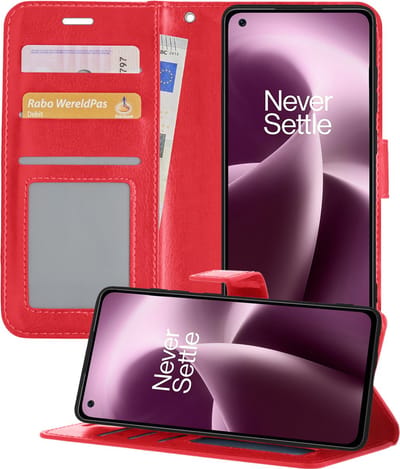 Hoesje - Met Pasjeshouder - Geschikt voor OnePlus Nord 2T - Luxe Bookcase Portemonee - Flip Case - Kunstleer Book Case - Flipcase - Book Cover - Walletcase - Portemonneehoes - Telefoonhoesjes - Rood