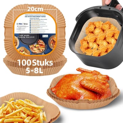 DVDSS® Airfryer bakpapier - 20x20 cm - 100 Stuks - 5-8 L - Oliebestendig - Kleur Natuur