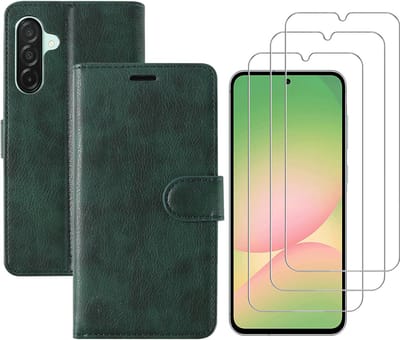 Hoesje geschikt voor Samsung Galaxy A56 bookcase Groen - Met screenprotector tempered glass Galaxy A56 - 3x