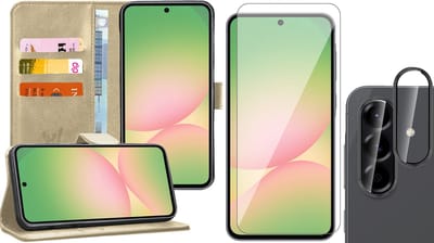 Hoesje geschikt voor Samsung Galaxy A56 / A36 - Screenprotector Glas & Camera - Portemonnee Book Case Goud