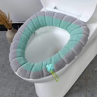 Toiletbrilhoes Wasbaar – Zachte Pluche Toiletzitting Cover – Volledig Omsluitend Toiletbril Kussen voor Winter – Antislip en Machinewasbaar – Universele Pasvorm - Grijs en groen