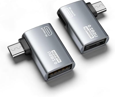 Micro USB naar USB 2.0 OTG Host Adapter met 90 Graden Hoek en USB Voeding voor Smartphones en Tablets - Set van 2, Geschikt voor Dataoverdracht en Opladen