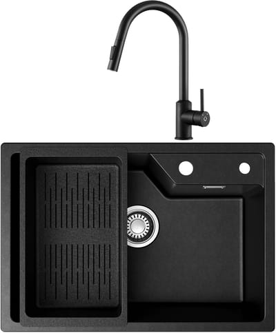 Sofetiy Max Granieten Spoelbakken (65*45cm)Zwart - Spoelbak Keuken Met Keukenkraan - Wasbak Keuken Met Waterafvoersysteem en Afdruiprek