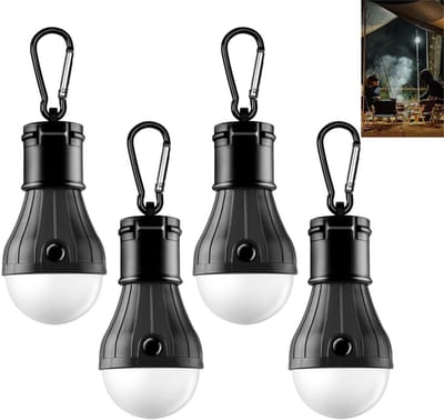 4 stuks - draagbare LED-tentlamp - waterdichte kampeerlantaarn -noodverlichting met karabijnhaak - op batterijen - ABS-materiaal - voor wandelen, feesten, kamperen, vissen - zwart