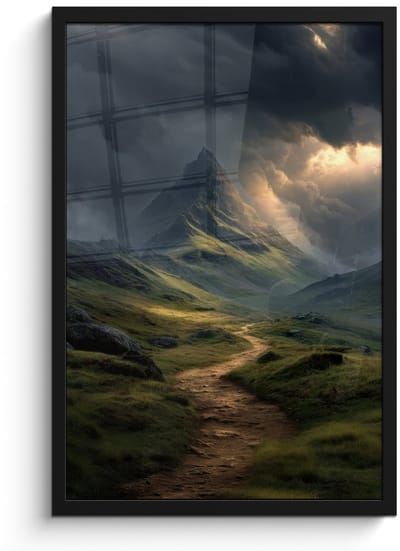 Poster in lijst - Fotolijst 40x60 cm - Posters - Bergen - Kronkelpad - Groen - Wolken - Posterlijst zwart - Decoratie - Wanddecoratie woonkamer - Muurdecoratie slaapkamer