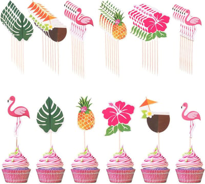 Hawaii Taartdecoratie 48 Stuks - Tropische Topplers met Flamingo en Ananas - Perfect voor Luau Feest - ShopVlot