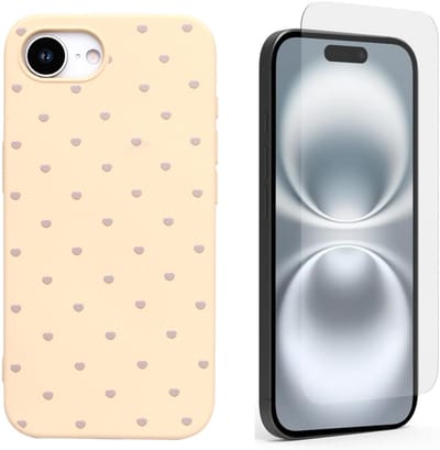 Hoesje en Glas Geschikt voor iPhone 16e - Geel - Casemania Stevige Siliconen Back Cover met Hartjes Print - 1x Glazen Screenprotector