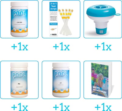 Zwembad Onderhoudspakket - Onderhoud Zwembad - bevat Chloor - Testrips - Chloordrijver - PH-min - PH-plus en Zwembadgids (6-delig)