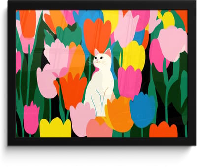 Poster in lijst - Fotolijst 40x30 cm - Posters - Tulpen - Kat - Kleurrijk - Posterlijst zwart - Decoratie - Wanddecoratie woonkamer - Muurdecoratie slaapkamer