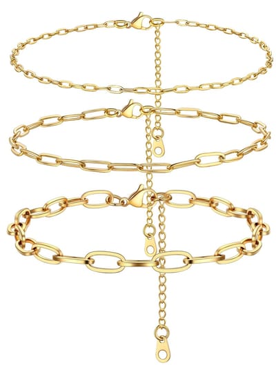 PROSTEEL 3-delige Gouden Enkelband voor Dames - Paper Clip Design, 22cm, 2mm, 3mm, 6mm