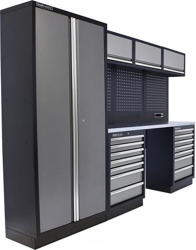 Kraftmeister werkplaatsinrichting - Werkbank met 3 wandkasten, 1 opbergkast en RVS werkblad - Werktafel met 14 laden en gereedschapswand - Complete set voor werkplaats of garage - Grijs