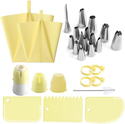 26-delige roestvrijstalen cakemondstukken set voor cake decoratie met lange leidingentips - theekopcake mousse - geel