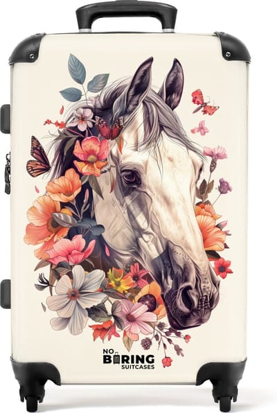 NoBoringSuitcases.com® - Kinderkoffer groot - Kindertrolley koffer - Wit paardenhoofd omringd door bloemen en vlinders - Rolkoffer lichtgewicht - Reiskoffer met 4 wielen - Grote trolley XL - 20 kg bagage
