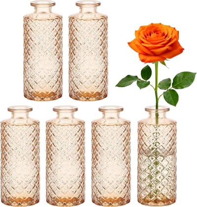 Set van 6 Kleine Glazen Vazen in Vintage Stijl voor Tafeldecoratie, Thuisdecoratie en Feestjes (Amber)
