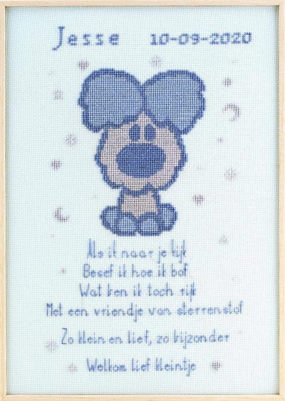 Pako Borduurpakket - Geboorte - telpatroon - Woezel & Pip: Geboorte tegel Woezel - Aida blauw - 24 x 34 cm - DIY kit