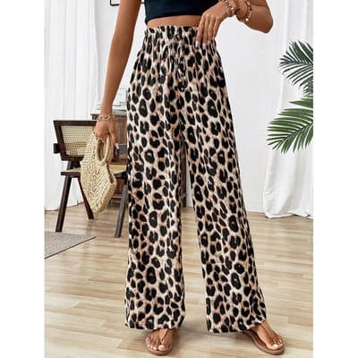 Nieuwe casual broek met luipaardprint voor dames recht model trendy wijde pijpen XS black
