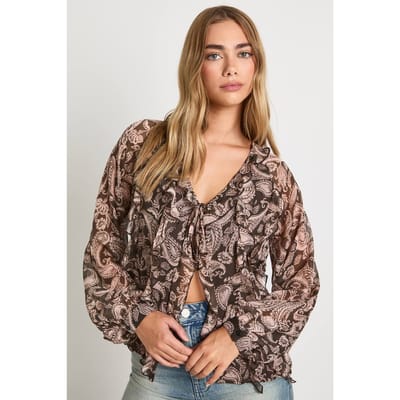 boohoo Dames Blouse met paisleymotief, ruches en chiffon | Brown | Maat: 6