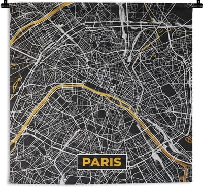 Wandkleed - Wanddoek - Frankrijk – Paris - Kaart – Plattegrond – Stadskaart - 180x180 cm - Wandtapijt