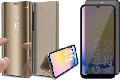 Hoesje geschikt voor Samsung Galaxy A25 / A24 - Privacy Screenprotector Volledig Dekkend Glas - Spiegel Book Case Goud