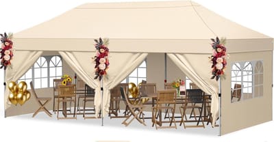 COSTWAY opvouwbare partytent van 3 x 6 m met 4 zijwanden, in hoogte verstelbare partytent, pop-up partytent met 6 zandzakken en opbergtas, partytent, opvouwbare partytent voor in de tuin, feestjes, op het terras en op de camping (beige)