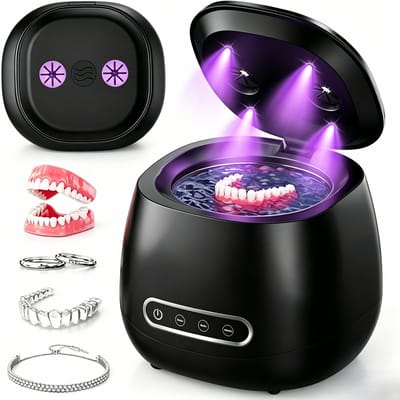 Ultrasoon gebitsreiniger - 48 kHz draagbare gebitsreinigingskamer - Ultrasone Reiniger - Kunstgebit & Prothese Schoonmaken - geschikt voor kunstgebitten, mondbeschermers, beugels, aligners, tandenborstels, sieraden - zwart