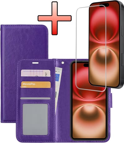 Hoesje - Met Screenprotector - Geschikt voor Apple iPhone 16 - Luxe Pasjeshouder - Bookcase Portemonee - Flip Case - Kunstleer Book Case - Flipcase - Book Cover - Walletcase - Portemonneehoes - Paars