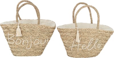 J-Line strandtas Bonjour/Hello Kwast - jute - naturel/wit - 2 stuks