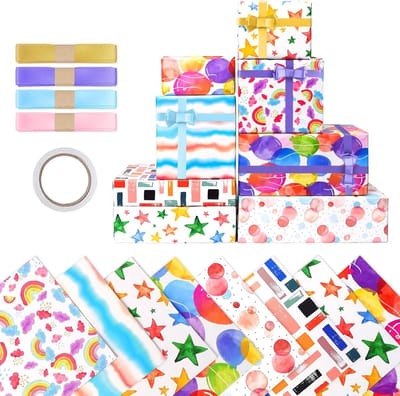 Kleurige Verjaardagscadeau Verpakkingsset met Strik en Plakband voor Kinderen (50 x 70 cm) - Perfect voor Feestjes en Verjaardagen