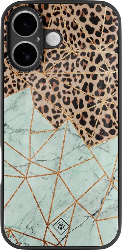 Casimoda® hoesje - Geschikt voor iPhone 16 - Luipaard Marmer Mint - Luxe Hard Case Zwart - Backcover telefoonhoesje - Mint