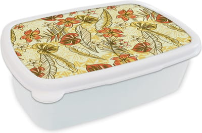 Broodtrommel Wit - Lunchbox - Brooddoos - Vintage - Bloemen - Bladeren - Hawaii - Patroon - 18x12x6 cm - Volwassenen